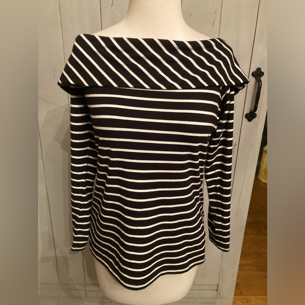 White House Black  Market Black & White Striped Off the Shoulder Blouse size S